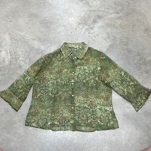Green with brown / aqua‎ blue design sheer top / Size XL
